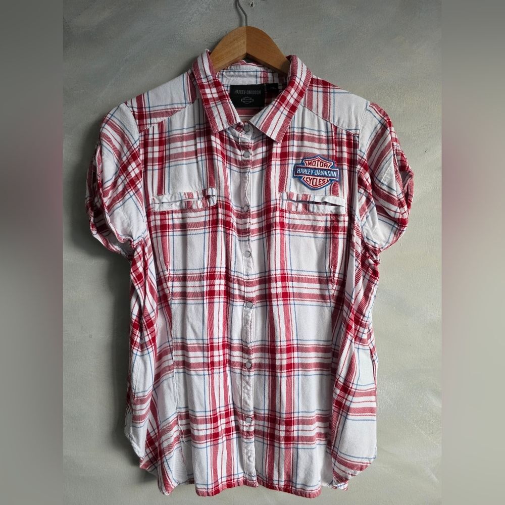 Harley-Davidson Womens Shirt Woven Red White Blue Plaid Garage Style Top 2XL